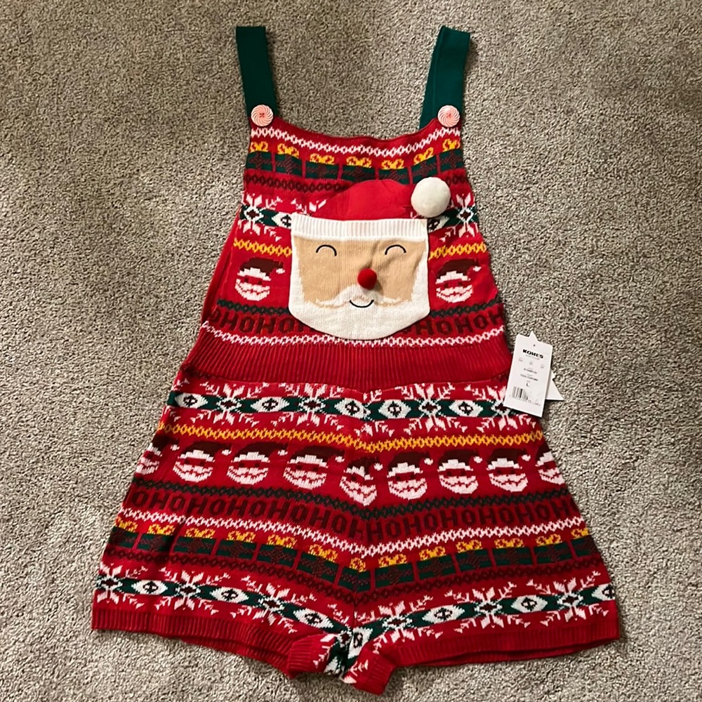 NWT Sweater Overalls Romper Christmas Born Famous Santa Jumper Shorts "Ugly"  Lg